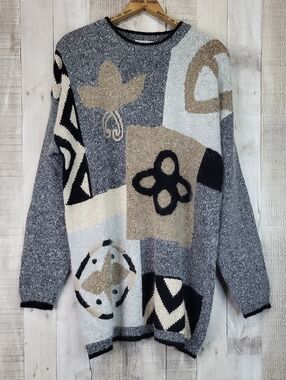J.G Hook Nell Flowers Abstract Pattern Gray & Beige Women's Sweater. Size Large